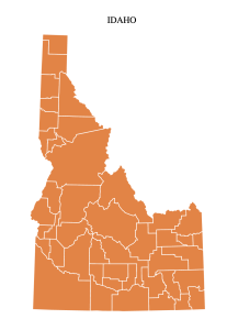 Free Idaho colored blank county map, printable, state, outline, shape, county lines, pattern, template, download, USA, States