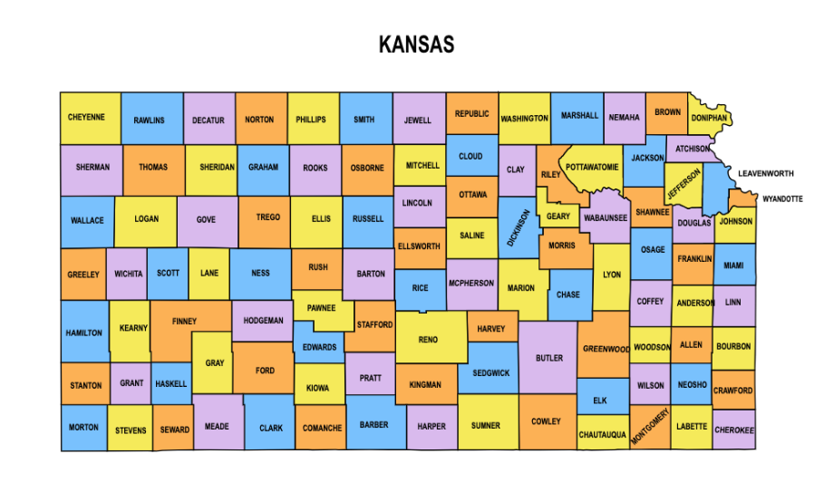 Kansas Map Outline Printable State Shape Stencil Pattern Kansas Multicolored County Map 920x554 