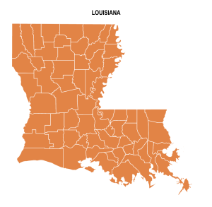 Free Louisiana colored blank county map,Louisiana county map, County map of Louisiana, printable, state, outline, shape, county lines, pattern, template, download, USA, States