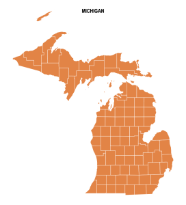 Free Michigan colored blank county map,Michigan county map, County map of Michigan, printable, state, outline, shape, county lines, pattern, template, download, USA, States