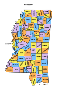 Mississippi multi colored County Map, Mississippi county map, County map of Mississippi, Printable State Map with County Lines download free USA states