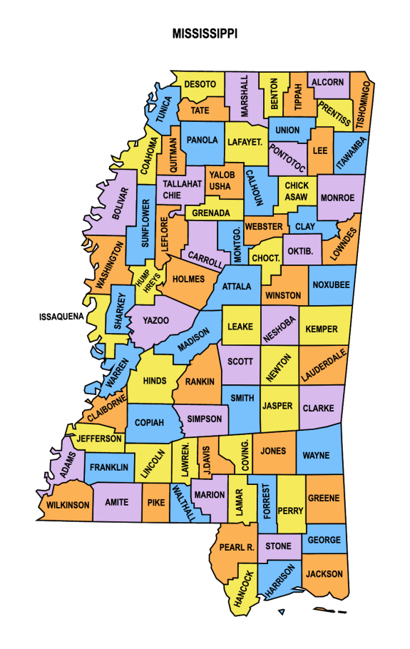 Mississippi County Map Editable Printable State County Maps Mississippi Multicolored County Map 575x910