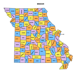Missouri multi colored County Map, Missouri county map, County map of Missouri, Printable State Map with County Lines download free USA states