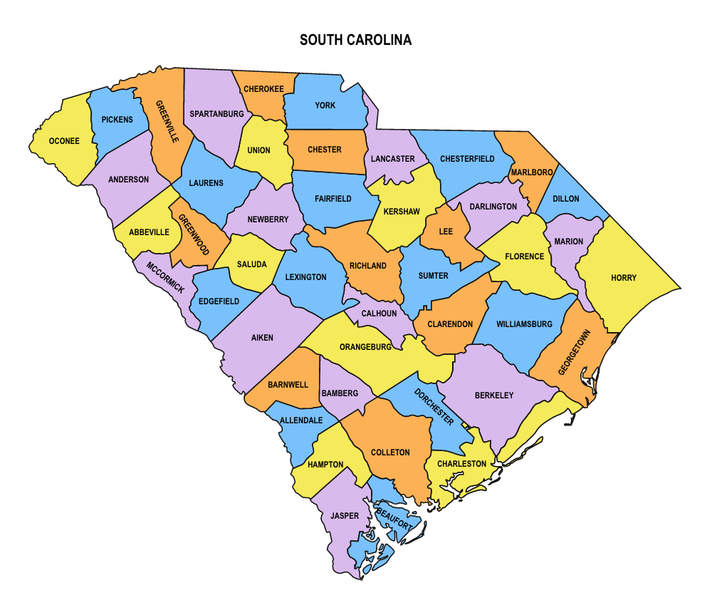 South Carolina Multicolored County Map 