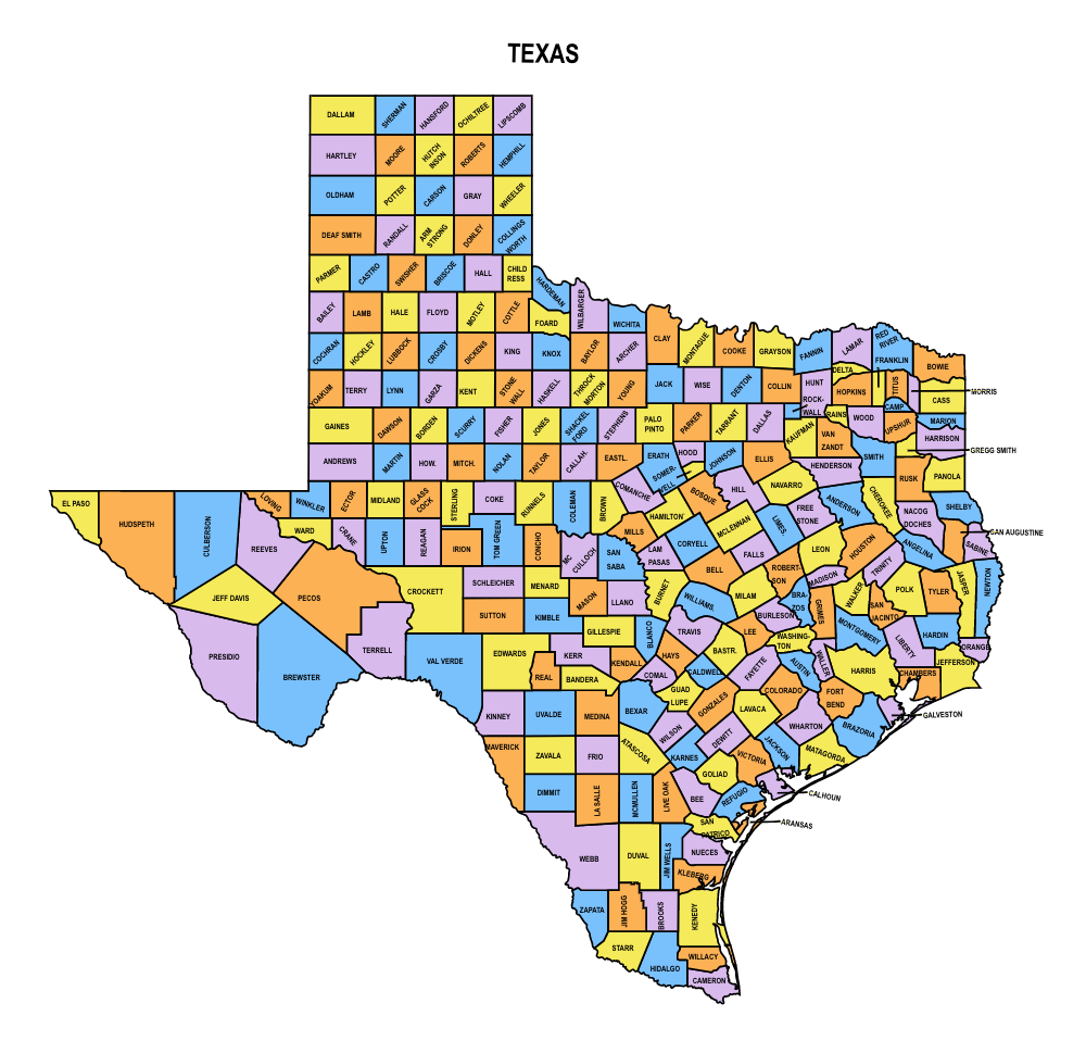 Texas Multicolored County Map 
