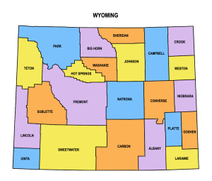 Wyoming multi colored County Map, Wyoming county map, County map of Wyoming, Printable State Map with County Lines download free USA states