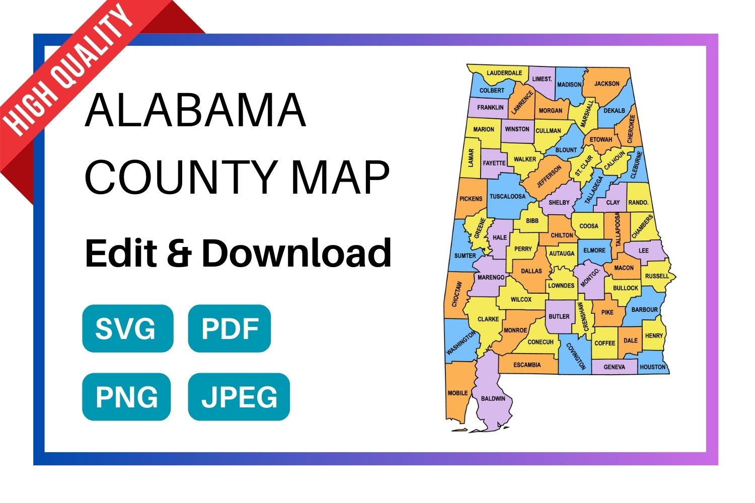 Alabama multi colored County Map, Printable State Map with County Lines, printable Alabama map with county lines, Alabama colored blank county map, Alabama county outline map with border, state, outline, printable, shape, template, download