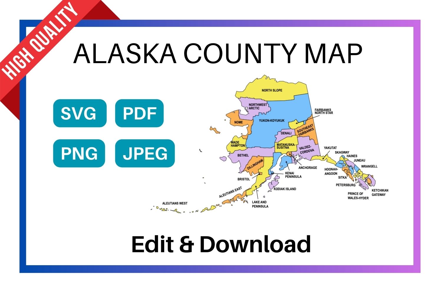 Alaska multi colored County Map, Printable State Map with County Lines, printable Alaska map with county lines, Alaska colored blank county map, Alaska county outline map with border, state, outline, printable, shape, template, download