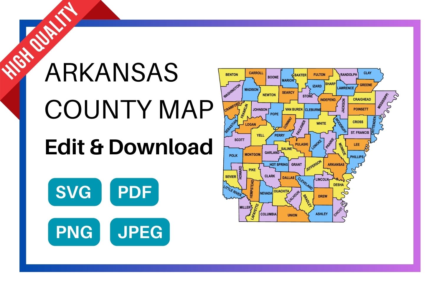 Arkansas multi colored County Map, county Map outlines with labels, colored blank county map, county outline map with border, state, outline, printable, shape, template, download