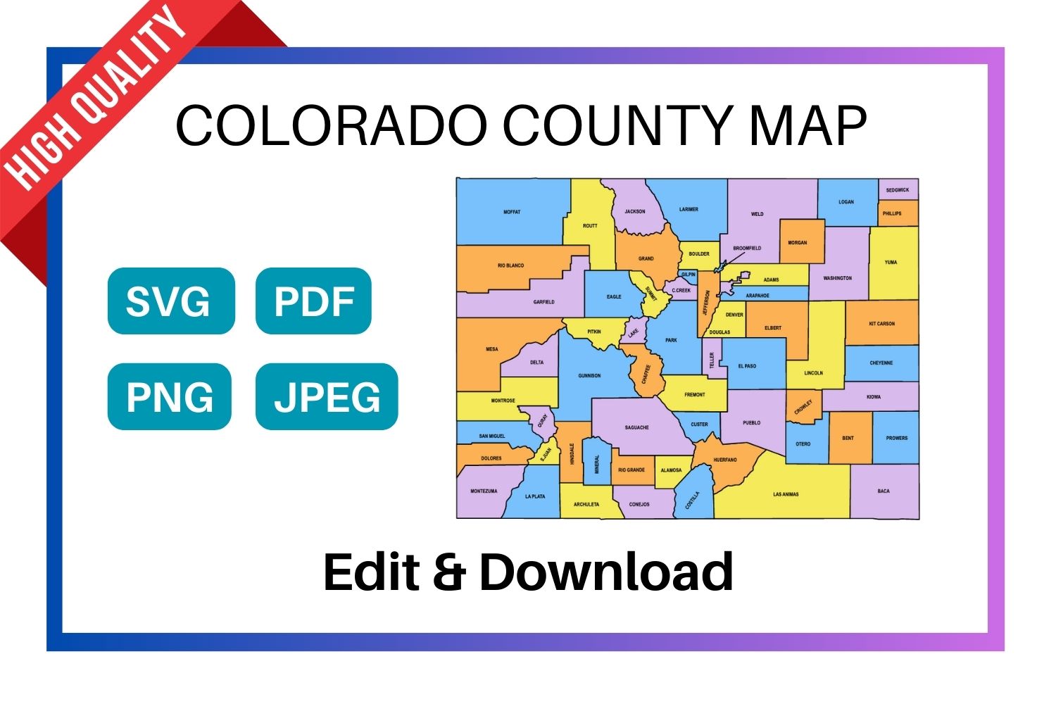 Colorado multi colored County Map, county Map outlines with labels, colored blank county map, county outline map with border, state, outline, printable, shape, template, download