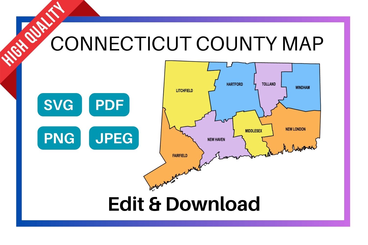 Connecticut multi colored County Map, county Map outlines with labels, colored blank county map, county outline map with border, state, outline, printable, shape, template, download