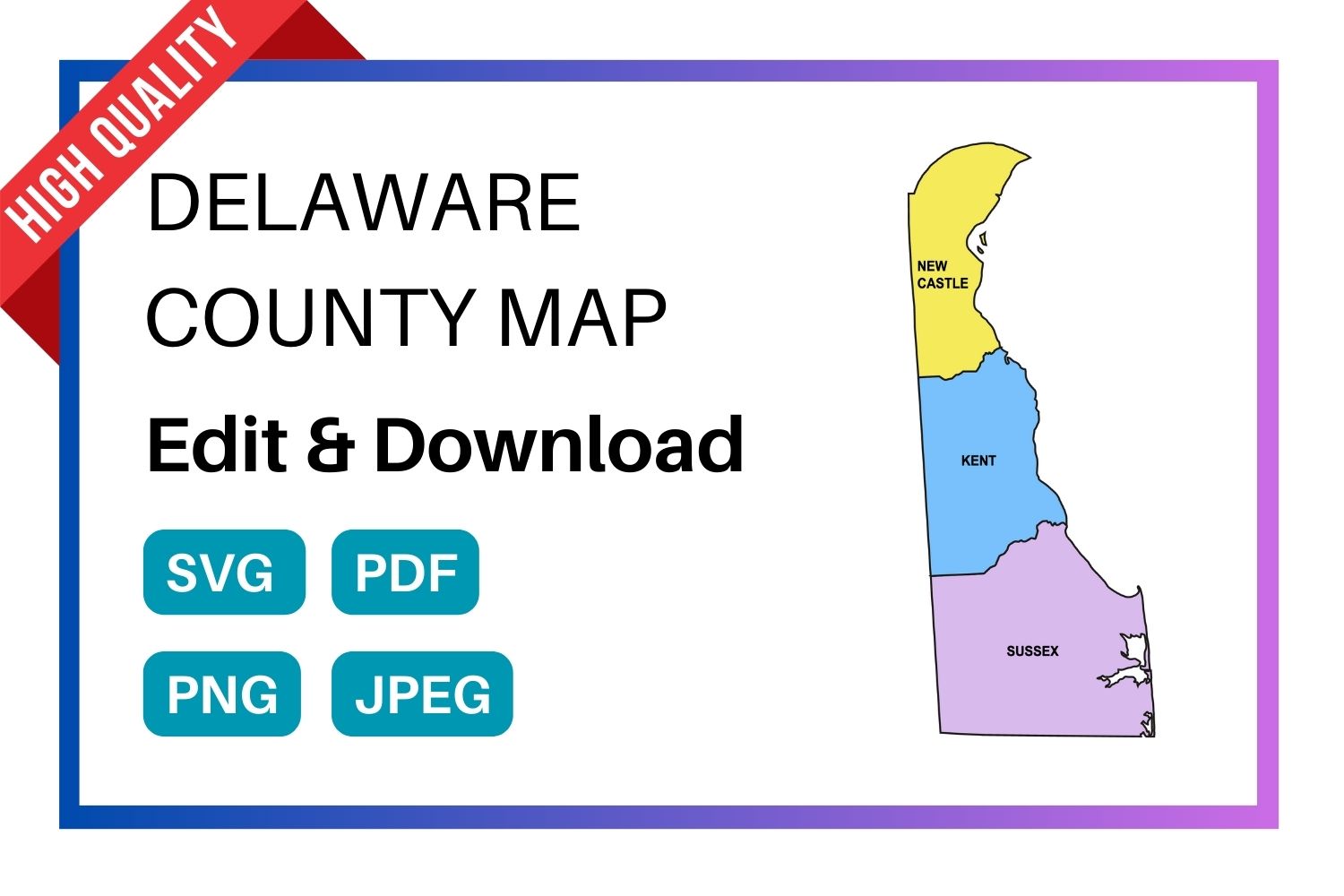 Delaware multi colored County Map, county Map outlines with labels, colored blank county map, county outline map with border, state, outline, printable, shape, template, download