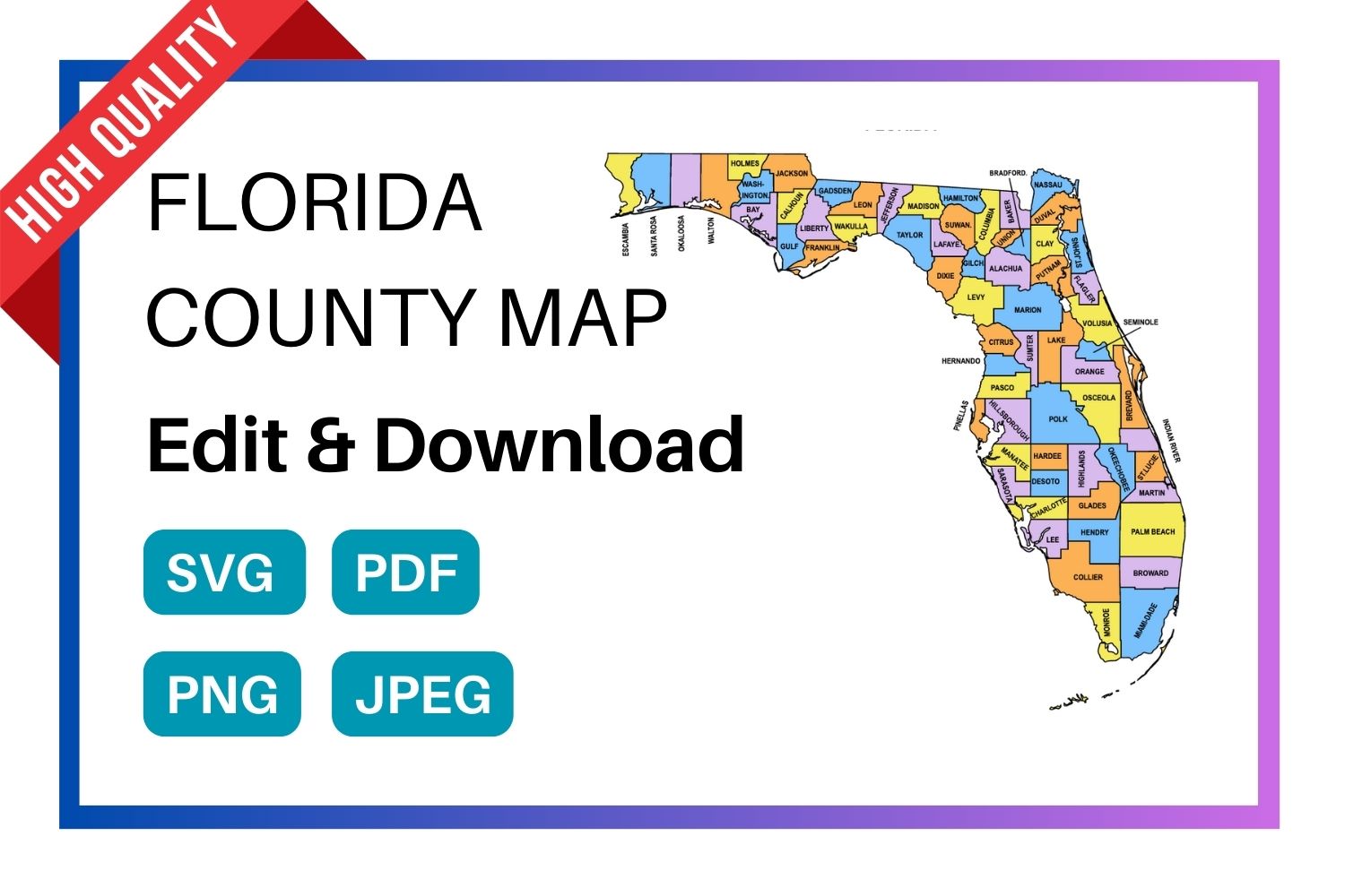 Florida multi colored County Map, county Map outlines with labels, colored blank county map, county outline map with border, state, outline, printable, shape, template, download