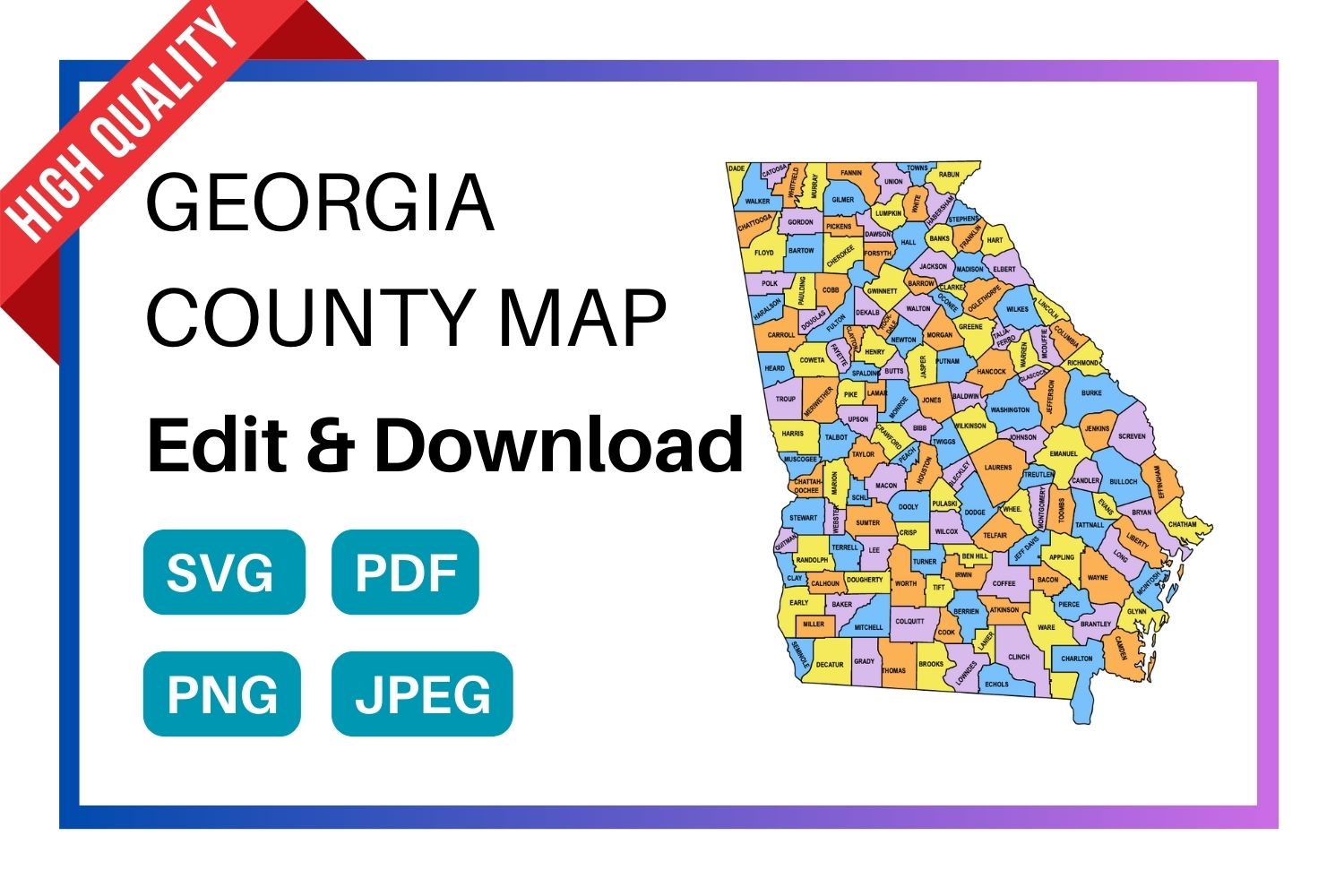 Georgia multi colored County Map, county Map outlines with labels, colored blank county map, county outline map with border, state, outline, printable, shape, template, download