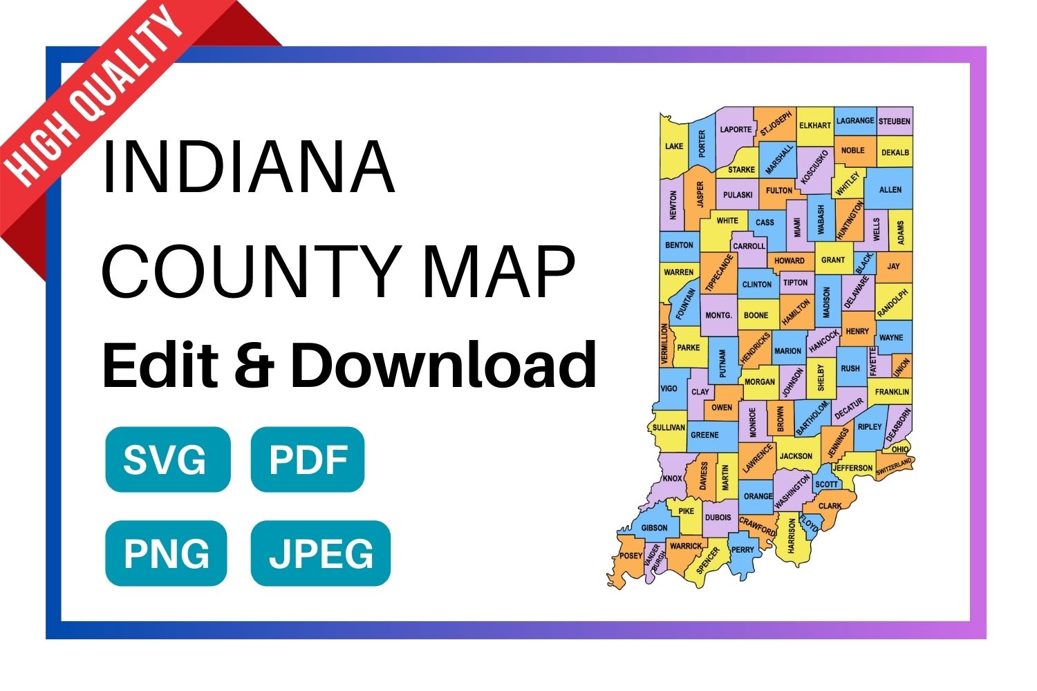 Indiana multi colored County Map, county Map outlines with labels, colored blank county map, county outline map with border, state, outline, printable, shape, template, download