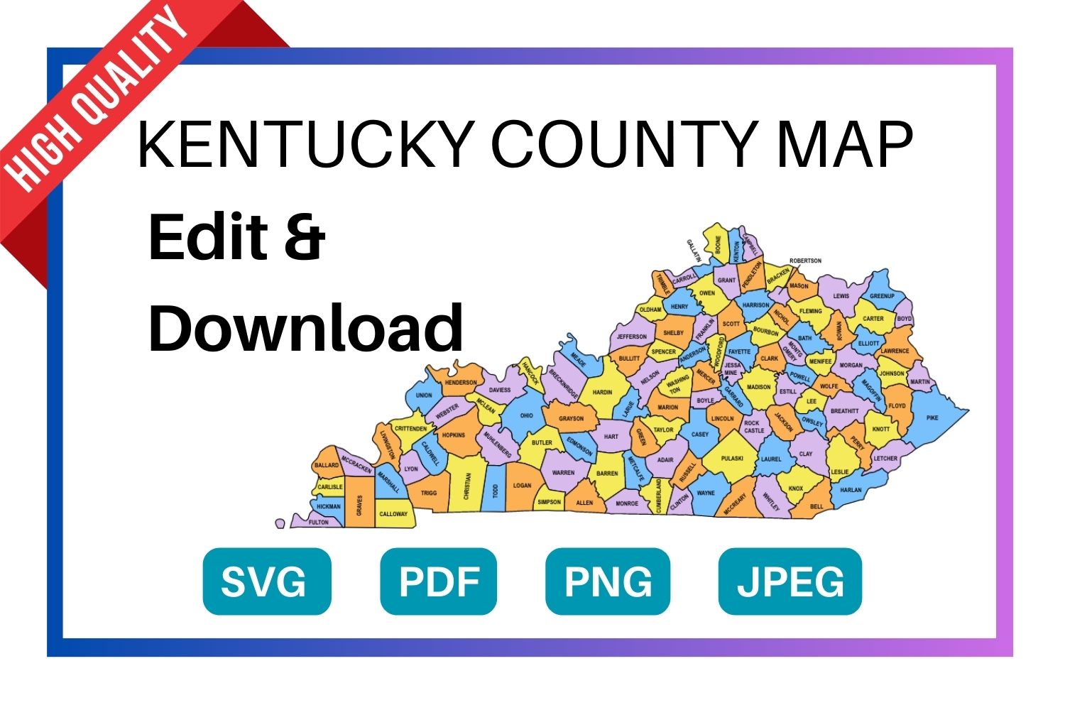 Kentucky multi colored County Map, county Map outlines with labels, colored blank county map, county outline map with border, state, outline, printable, shape, template, download