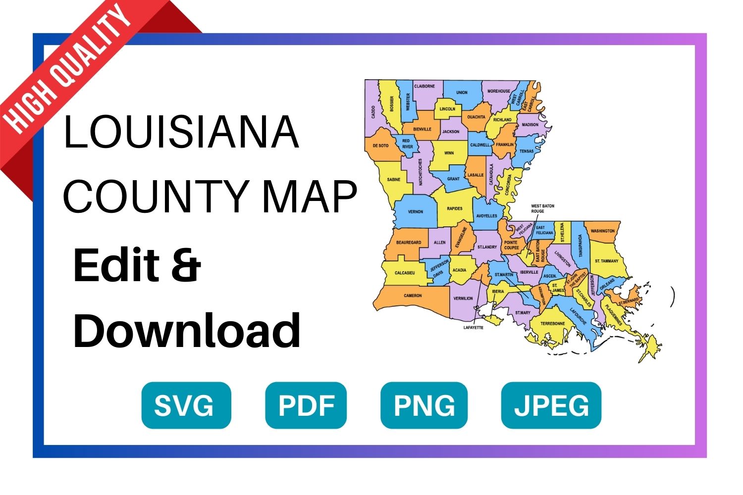 Louisiana multi colored County Map, county Map outlines with labels, colored blank county map, county outline map with border, state, outline, printable, shape, template, download