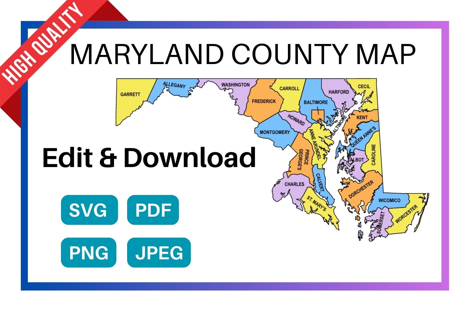 Maryland multi colored County Map, county Map outlines with labels, colored blank county map, county outline map with border, state, outline, printable, shape, template, download