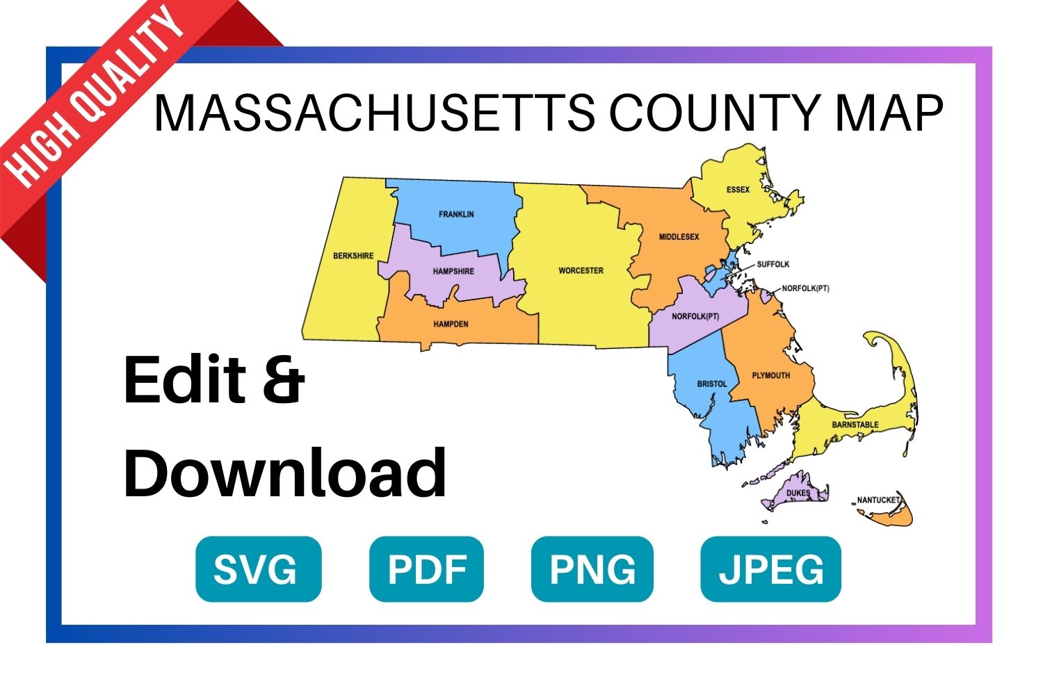 Massachusetts multi colored County Map, county Map outlines with labels, colored blank county map, county outline map with border, state, outline, printable, shape, template, download