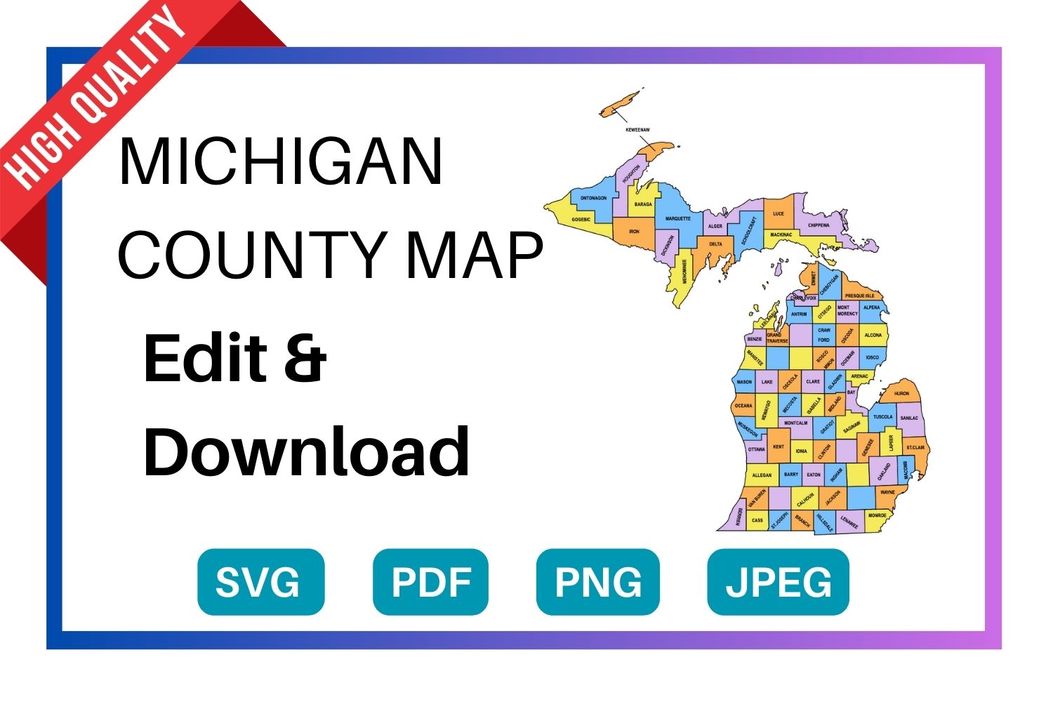 Michigan multi colored County Map, county Map outlines with labels, colored blank county map, county outline map with border, state, outline, printable, shape, template, download
