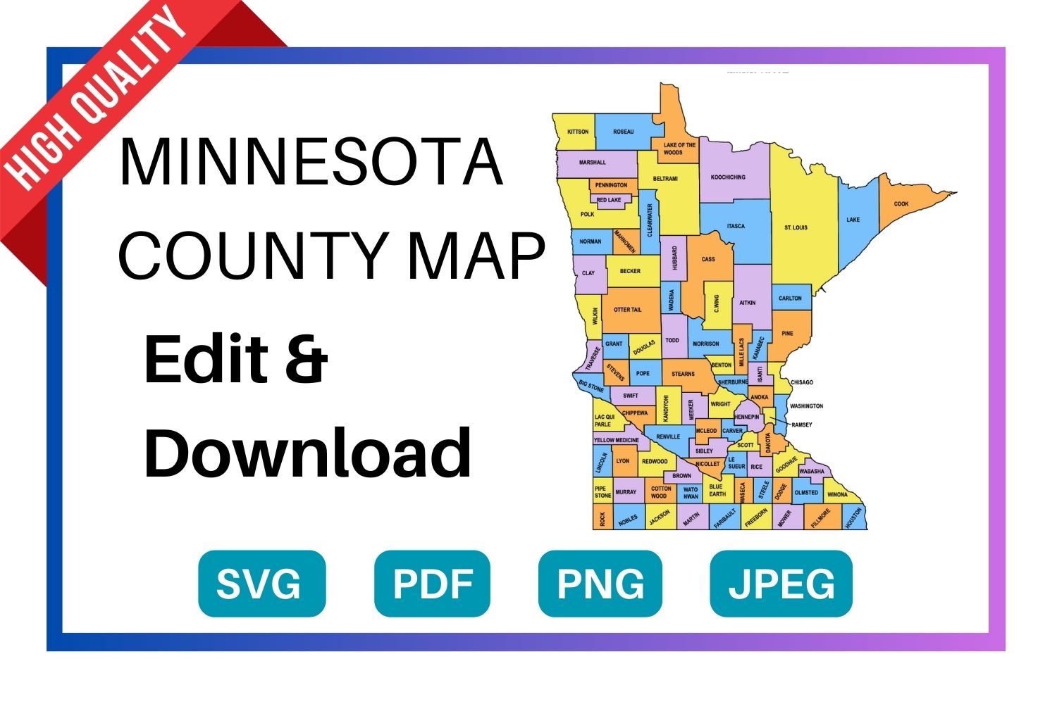 Minnesota multi colored County Map, county Map outlines with labels, colored blank county map, county outline map with border, state, outline, printable, shape, template, download