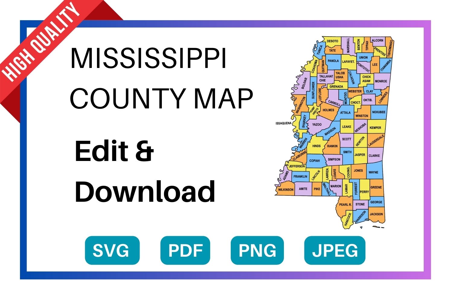 Mississippi multi colored County Map, county Map outlines with labels, colored blank county map, county outline map with border, state, outline, printable, shape, template, download