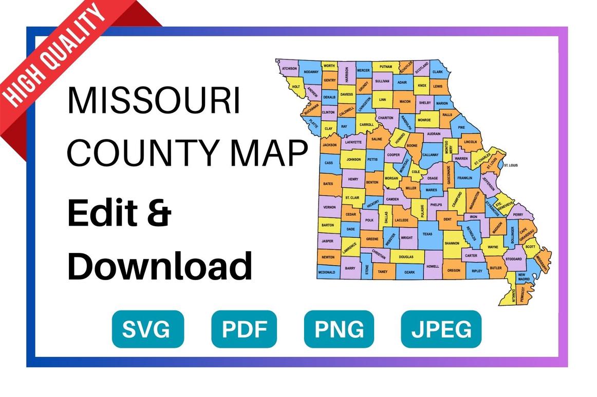 Missouri multi colored County Map, county Map outlines with labels, colored blank county map, county outline map with border, state, outline, printable, shape, template, download