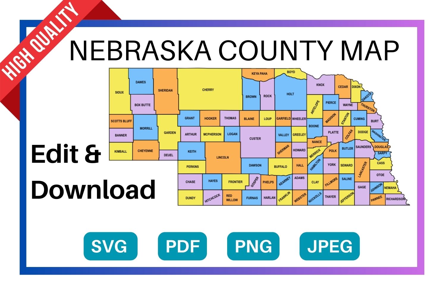 Nebraska multi colored County Map, county Map outlines with labels, colored blank county map, county outline map with border, state, outline, printable, shape, template, download