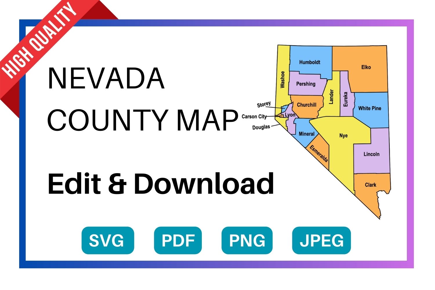 Nevada multi colored County Map, county Map outlines with labels, colored blank county map, county outline map with border, state, outline, printable, shape, template, download