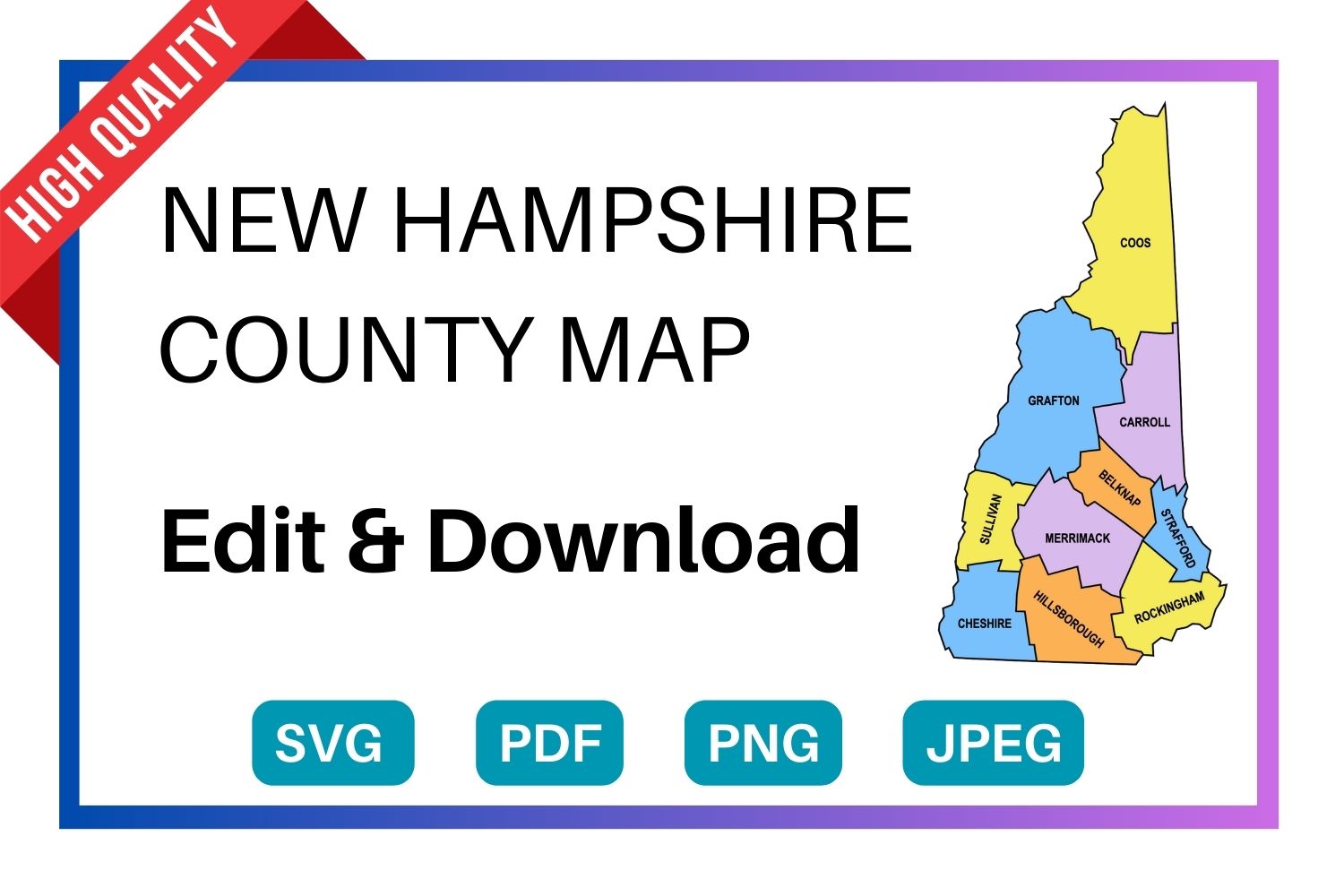 New Hampshire multi colored County Map, county Map outlines with labels, colored blank county map, county outline map with border, state, outline, printable, shape, template, download