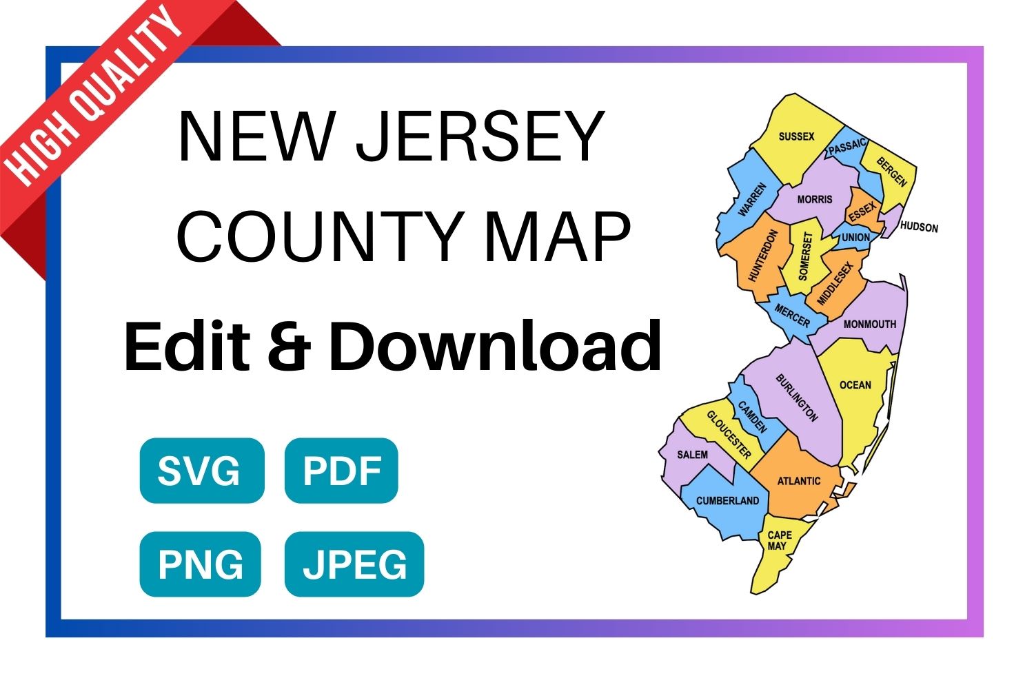 New Jersey multi colored County Map, county Map outlines with labels, colored blank county map, county outline map with border, state, outline, printable, shape, template, download