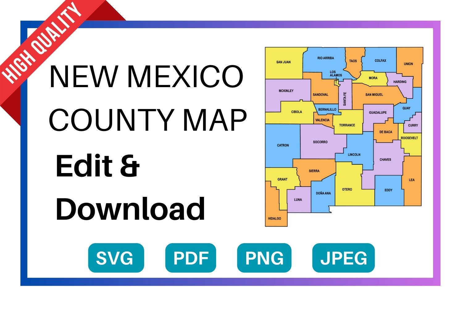 New Mexico multi colored County Map, county Map outlines with labels, colored blank county map, county outline map with border, state, outline, printable, shape, template, download