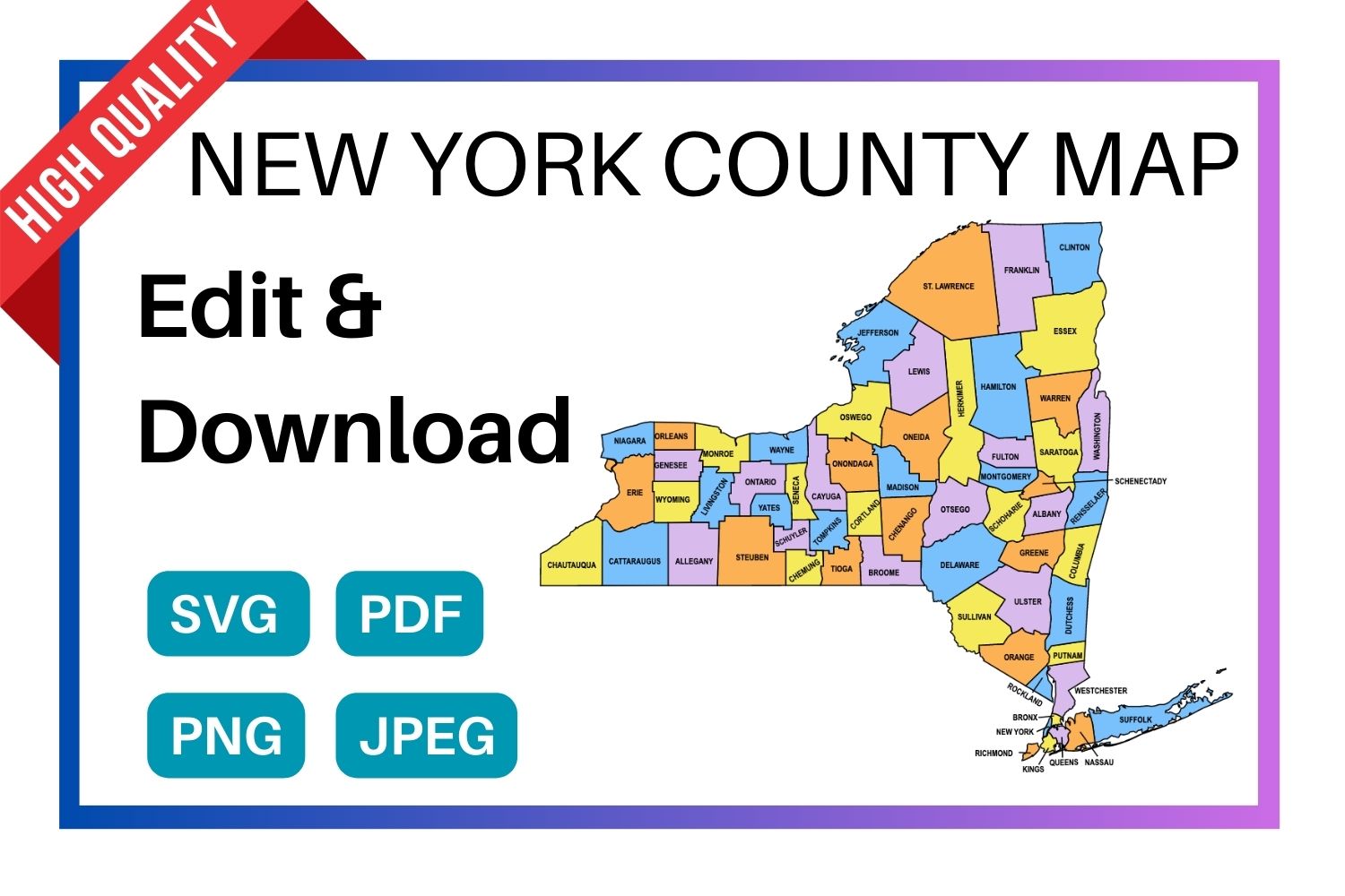 New York multi colored County Map, county Map outlines with labels, colored blank county map, county outline map with border, state, outline, printable, shape, template, download