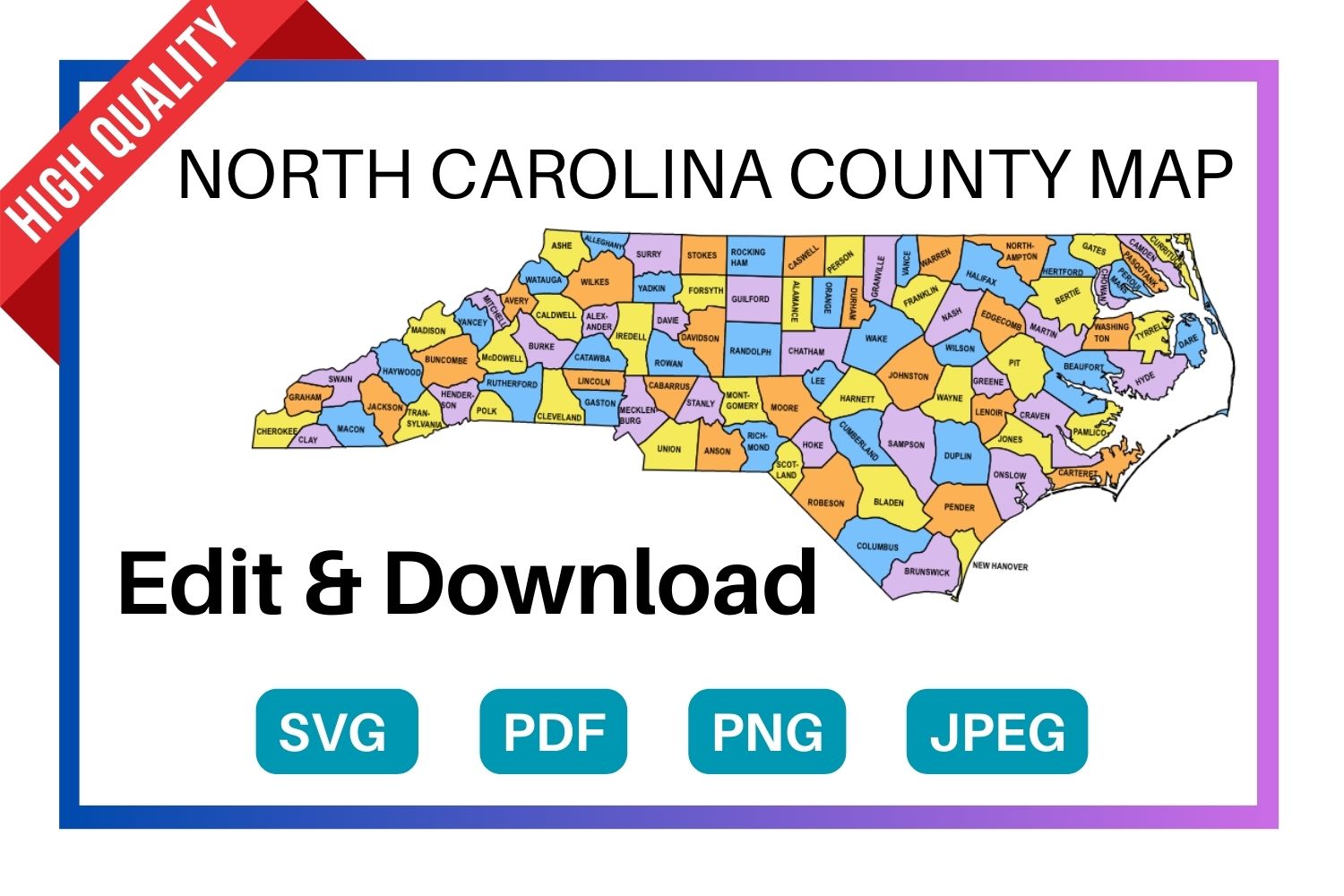 North Carolina multi colored County Map, county Map outlines with labels, colored blank county map, county outline map with border, state, outline, printable, shape, template, download