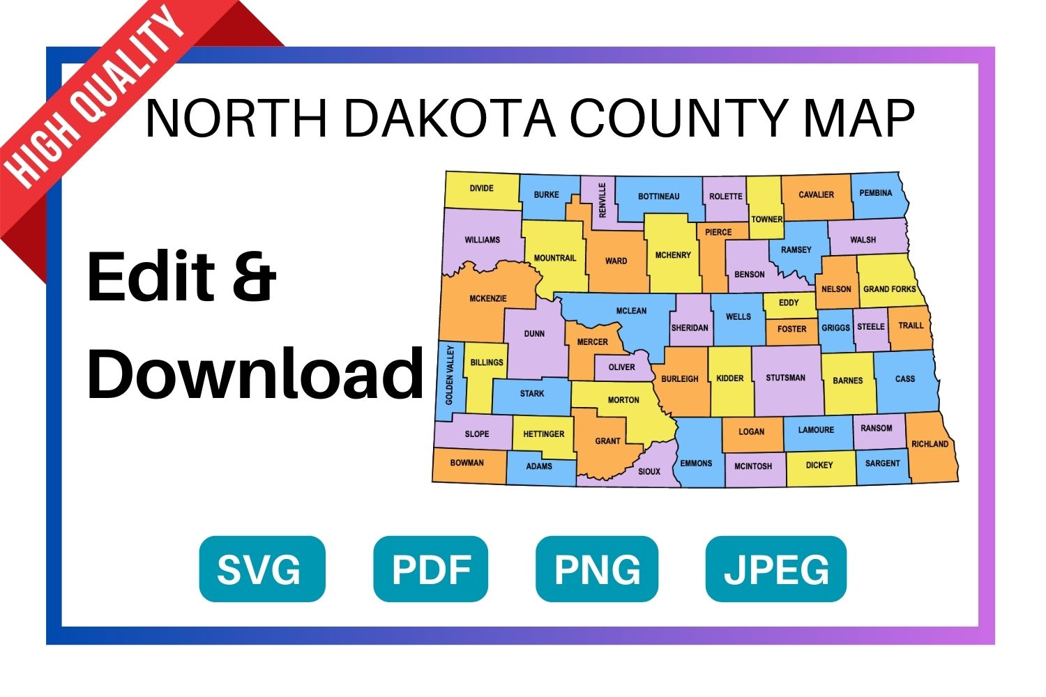 North Dakota multi colored County Map, county Map outlines with labels, colored blank county map, county outline map with border, state, outline, printable, shape, template, download