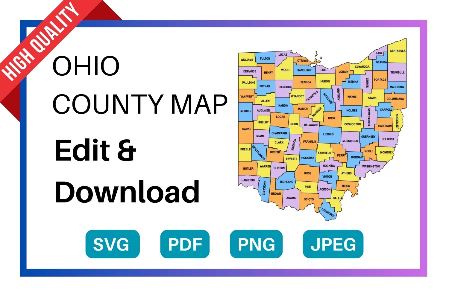 Ohio multi colored County Map, county Map outlines with labels, colored blank county map, county outline map with border, state, outline, printable, shape, template, download