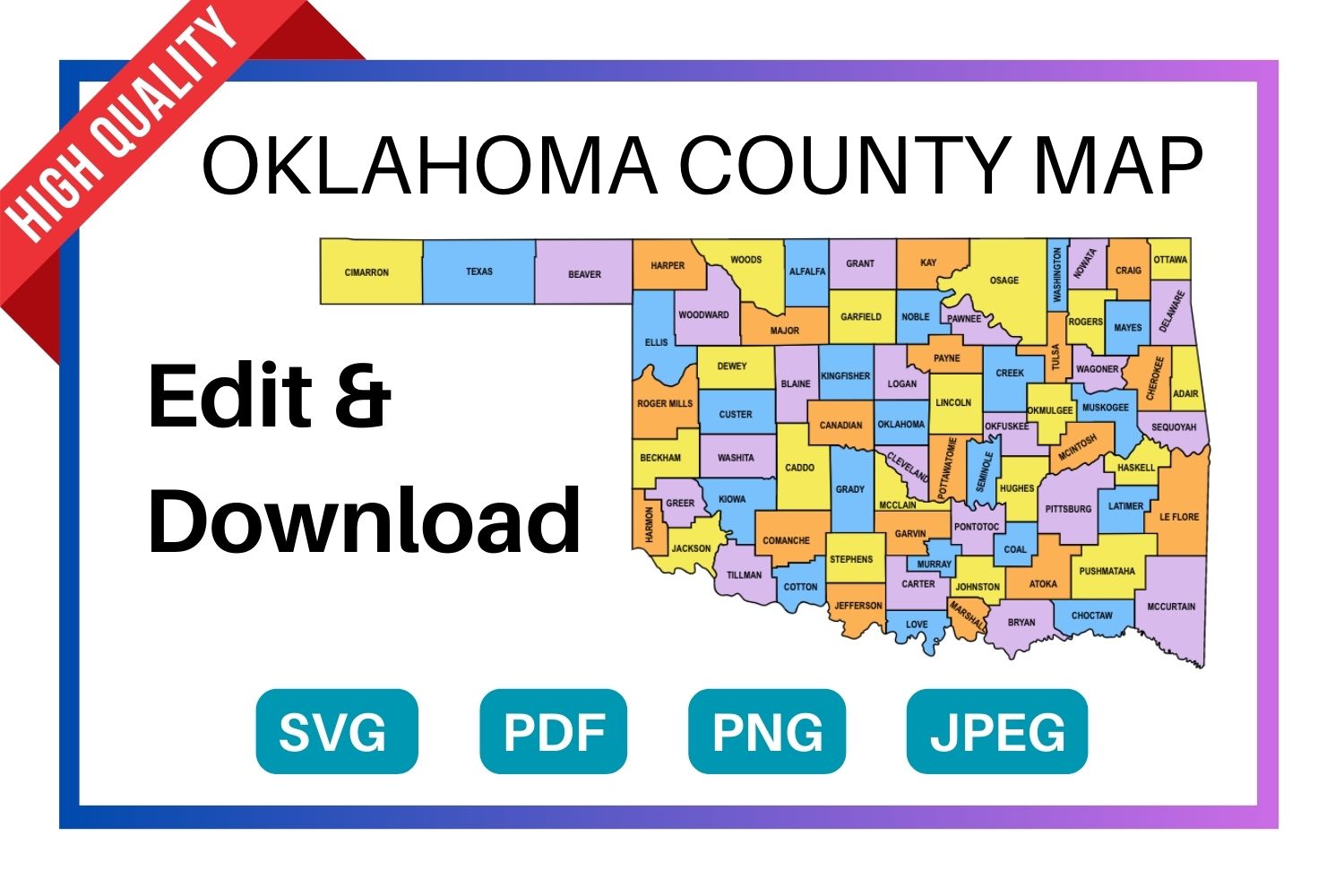 Oklahoma multi colored County Map, county Map outlines with labels, colored blank county map, county outline map with border, state, outline, printable, shape, template, download