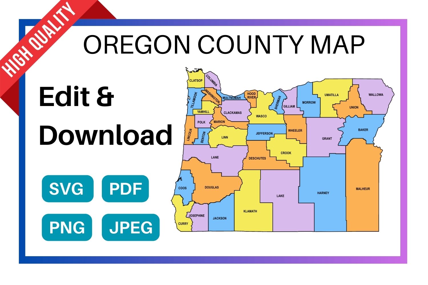 Oregon multi colored County Map, county Map outlines with labels, colored blank county map, county outline map with border, state, outline, printable, shape, template, download