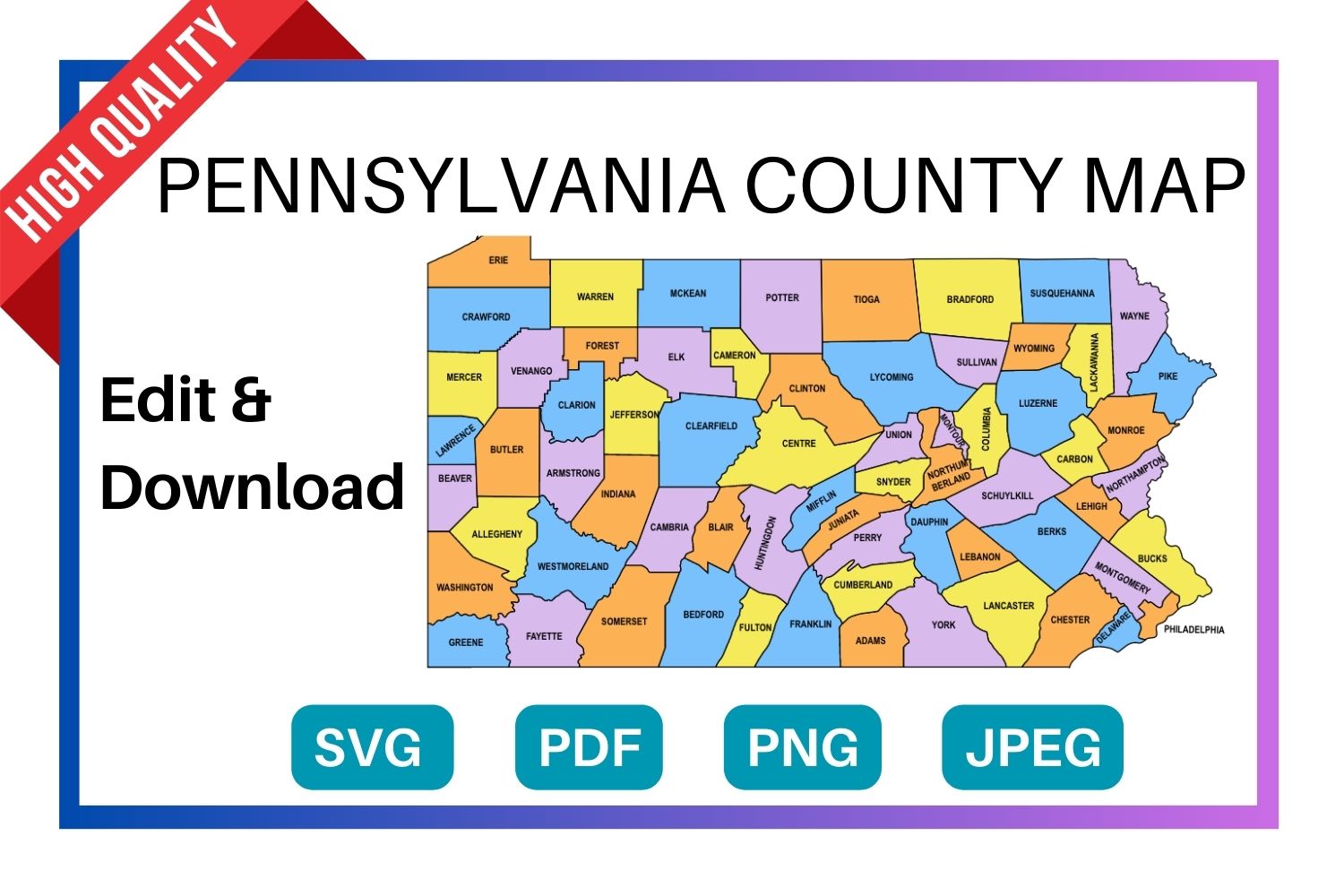 Pennsylvania multi colored County Map, county Map outlines with labels, colored blank county map, county outline map with border, state, outline, printable, shape, template, download