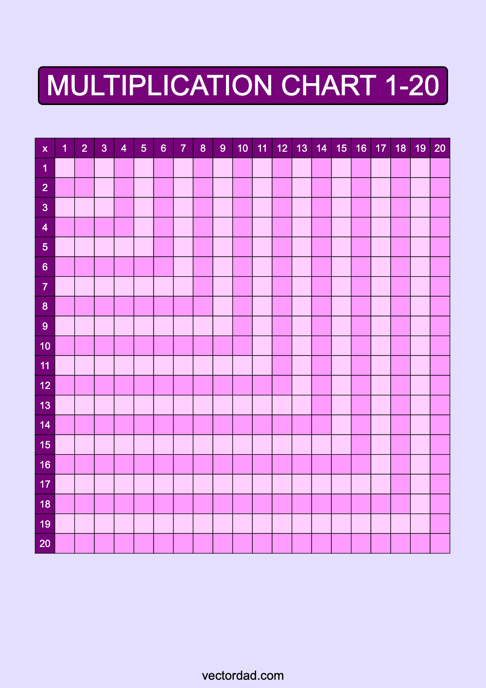 Blank Purple Multiplication Grid Chart Printable 1 to 20 portrait Free, high quality, times table, sheet, pdf, 3rd grade, 4th grade, 5th grade, template, print, download, online, vertical