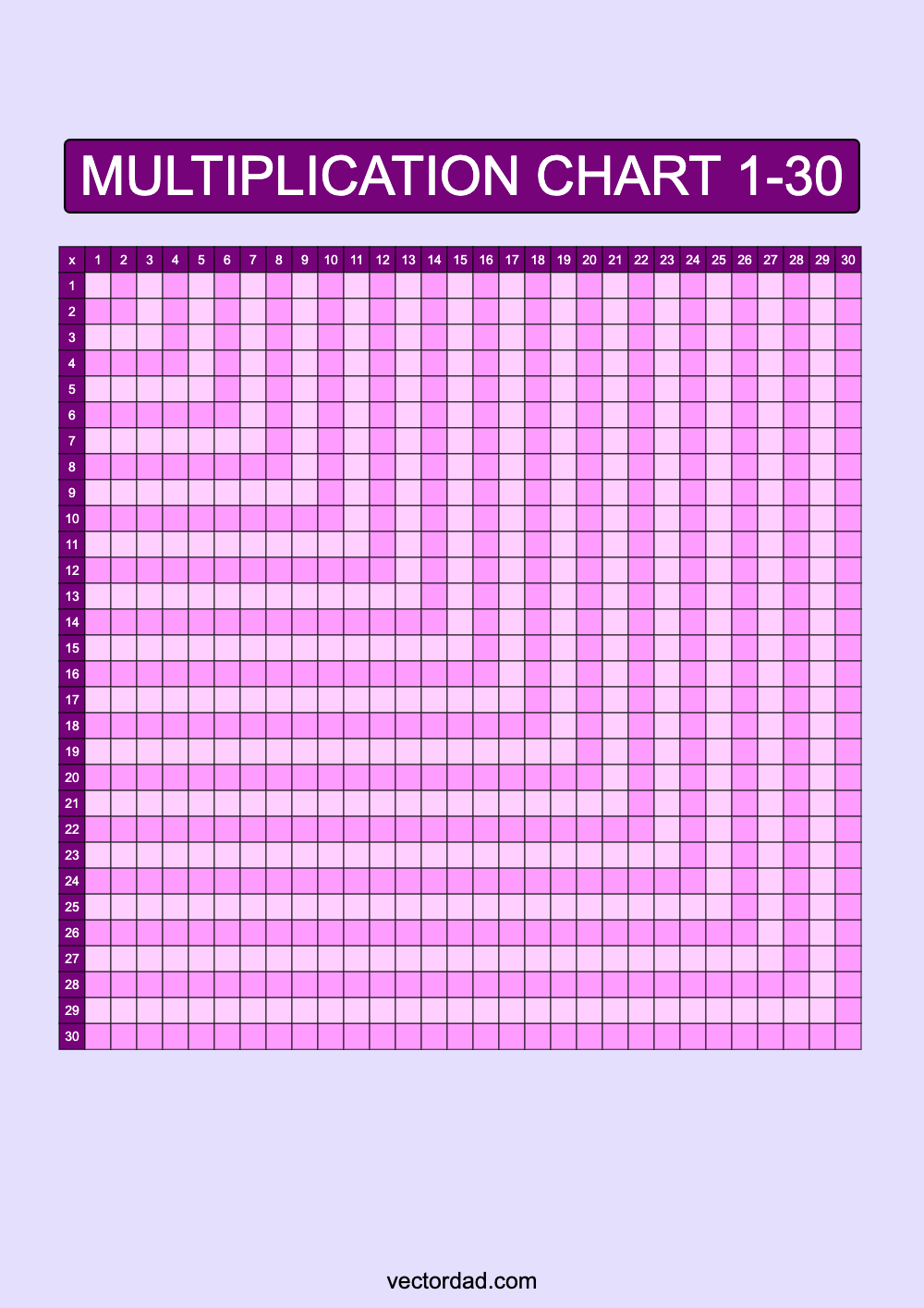 Blank Purple Multiplication Grid Chart Printable 1 to 30 portrait Free, high quality, times table, sheet, pdf, 3rd grade, 4th grade, 5th grade, template, print, download, online, vertical