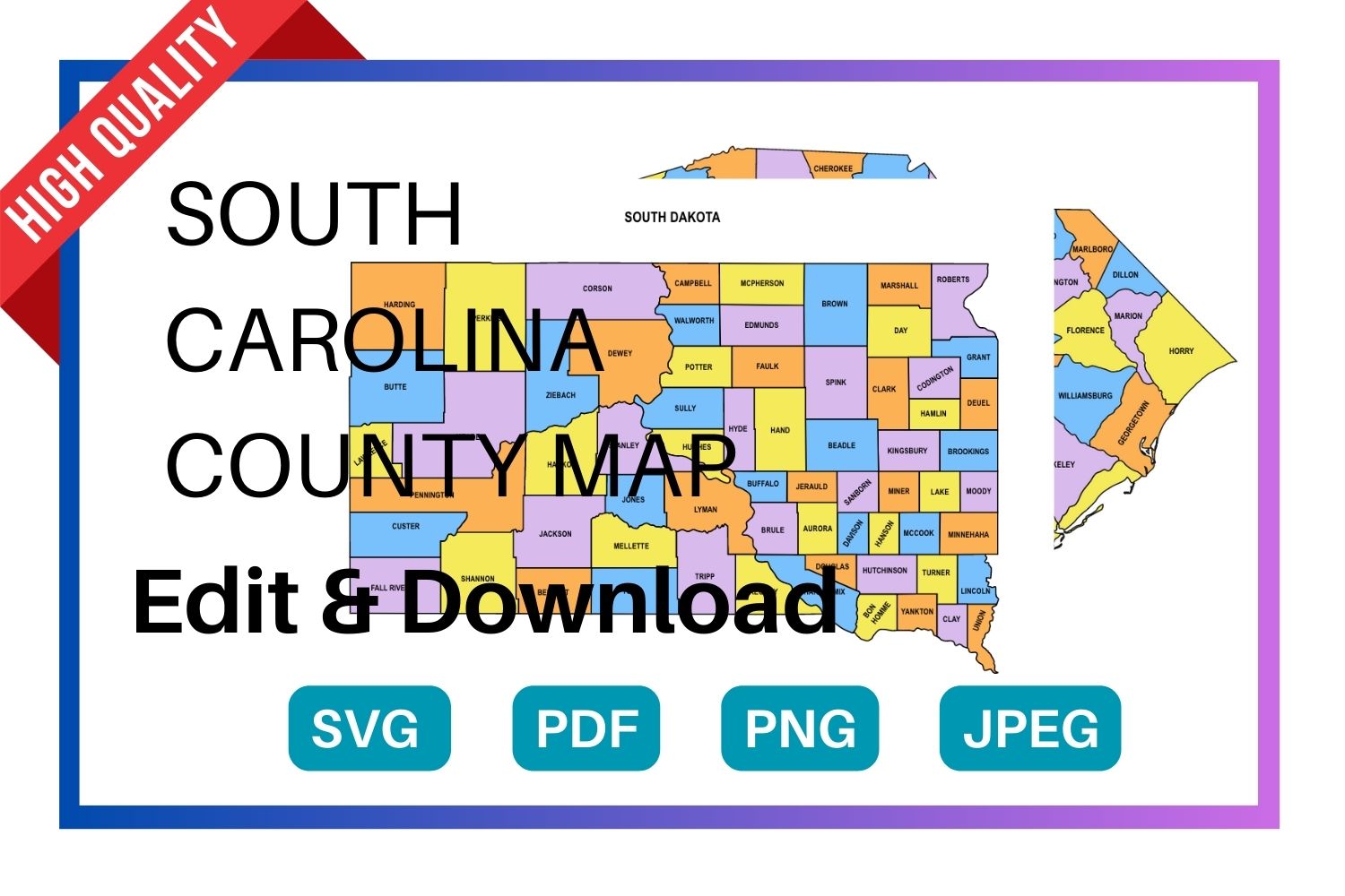 South Carolina multi colored County Map, county Map outlines with labels, colored blank county map, county outline map with border, state, outline, printable, shape, template, download