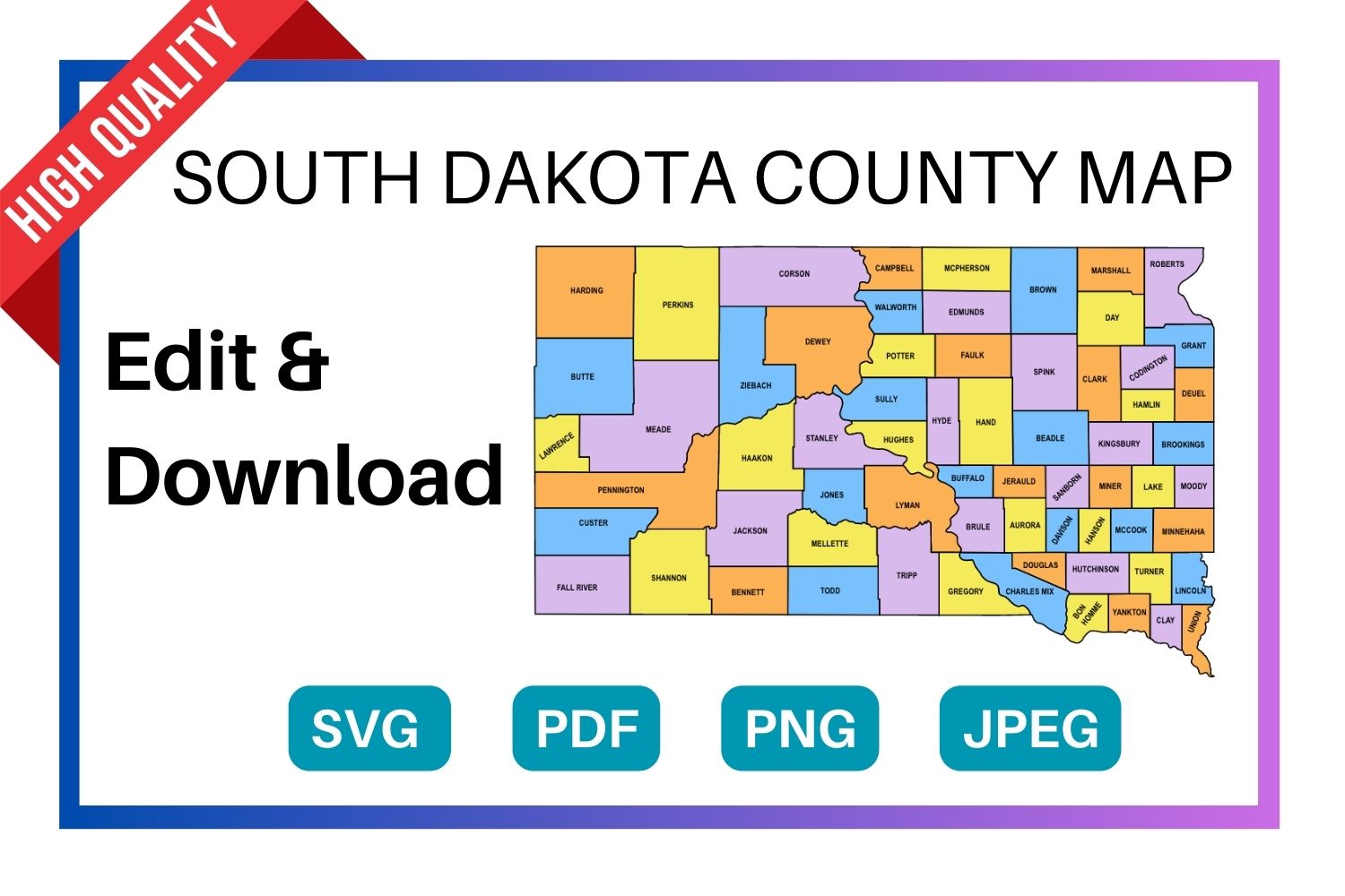 South Dakota multi colored County Map, county Map outlines with labels, colored blank county map, county outline map with border, state, outline, printable, shape, template, download