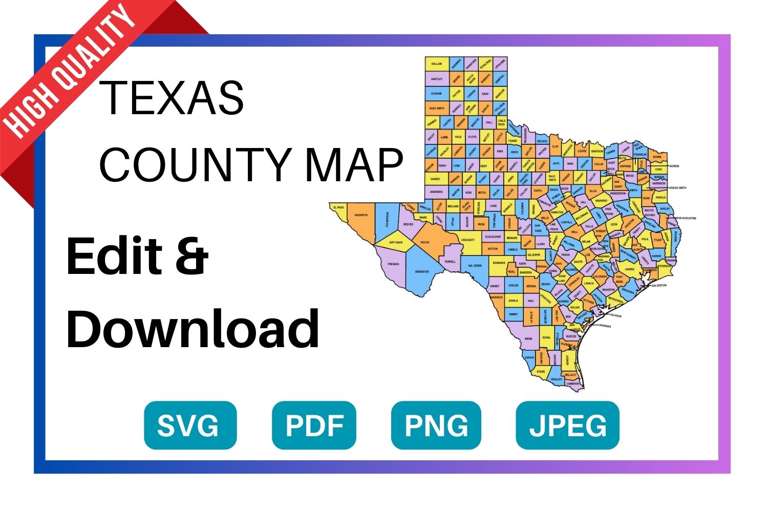 Texas multi colored County Map, county Map outlines with labels, colored blank county map, county outline map with border, state, outline, printable, shape, template, download