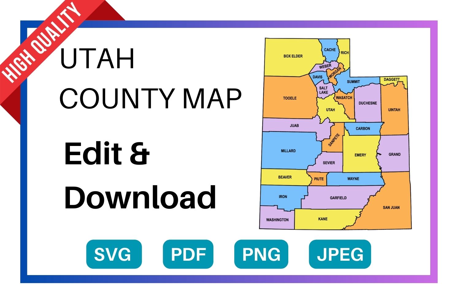 Utah multi colored County Map, county Map outlines with labels, colored blank county map, county outline map with border, state, outline, printable, shape, template, download
