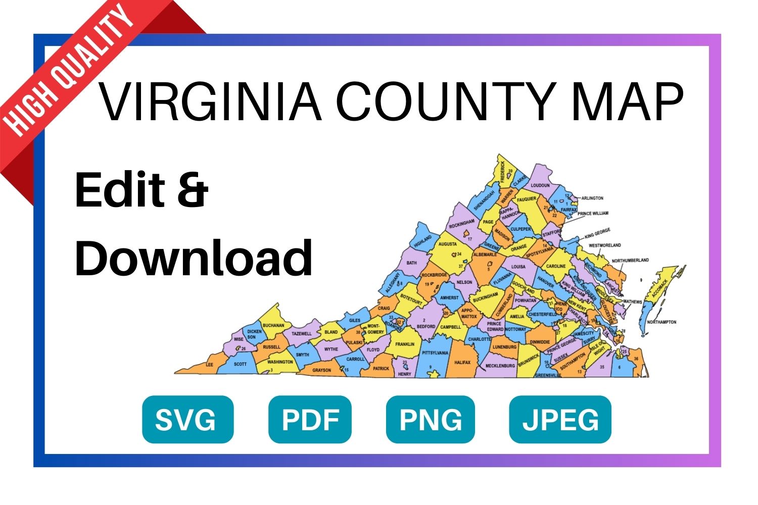 Virginia multi colored County Map, county Map outlines with labels, colored blank county map, county outline map with border, state, outline, printable, shape, template, download