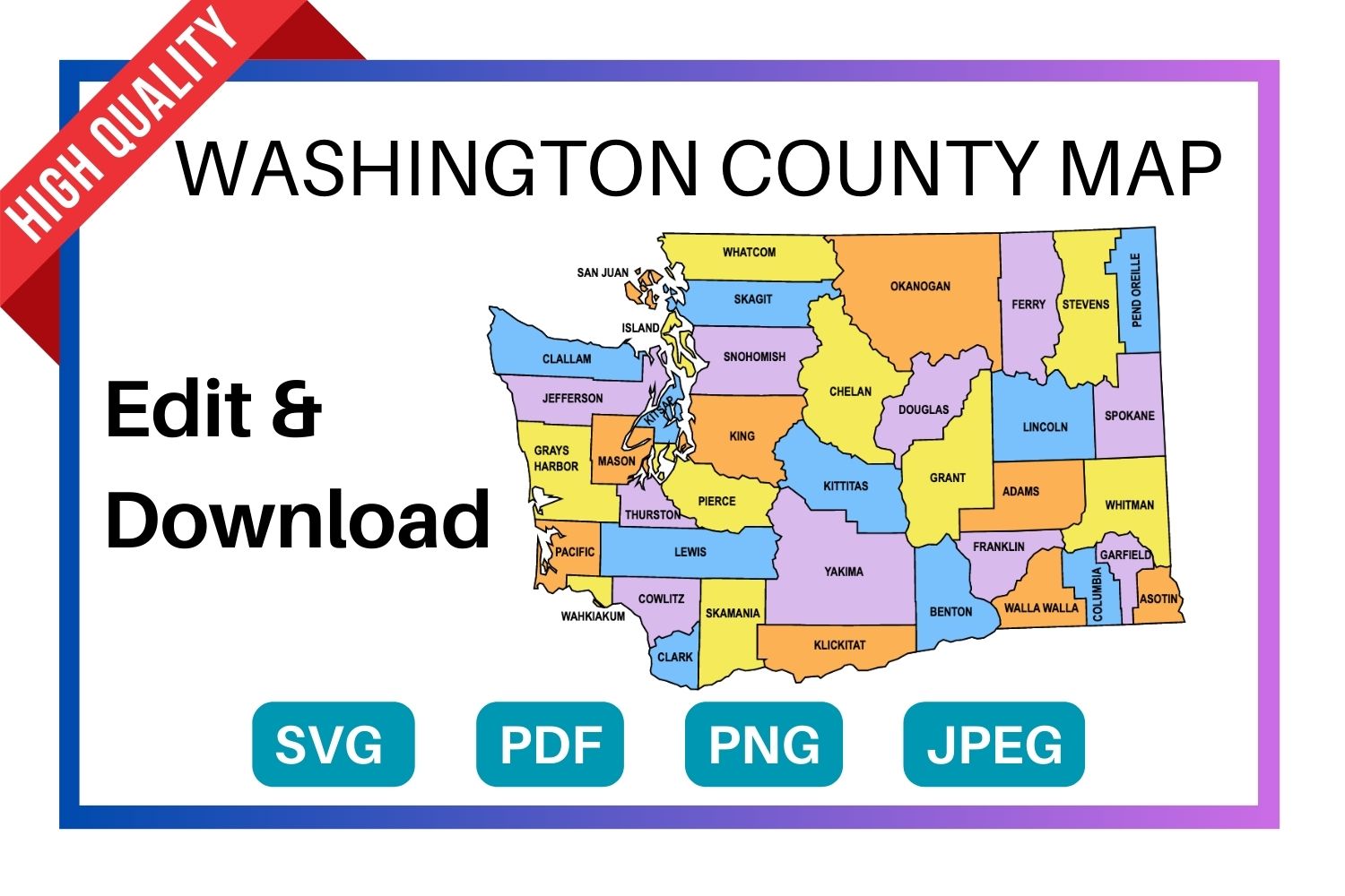Washington multi colored County Map, county Map outlines with labels, colored blank county map, county outline map with border, state, outline, printable, shape, template, download