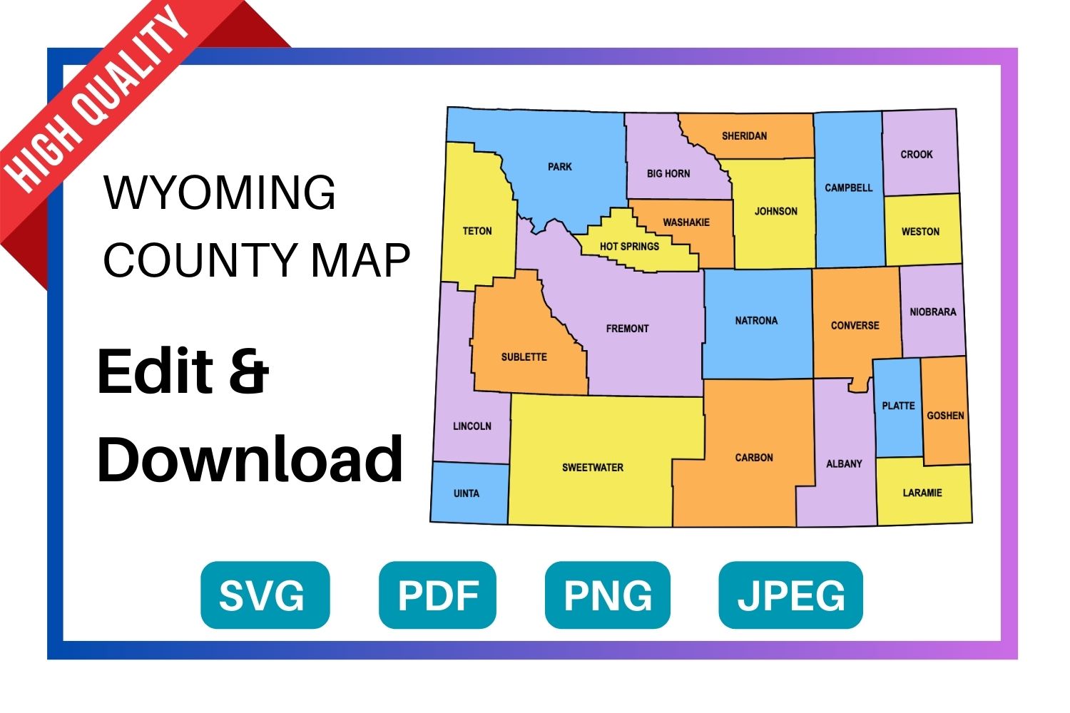 Wyoming multi colored County Map, county Map outlines with labels, colored blank county map, county outline map with border, state, outline, printable, shape, template, download