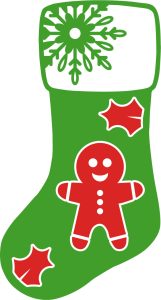 christmas sock decorated with gingerbread man, pattern. stencil, template, clip art, design, printable holiday ornament, decoration, cricut, coloring page, winter, window, snow,  vector, svg