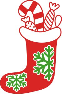 christmas sock with gifts,  pattern. stencil, template, clip art, design, printable holiday ornament, decoration, cricut, coloring page, winter, window, snow,  vector, svg